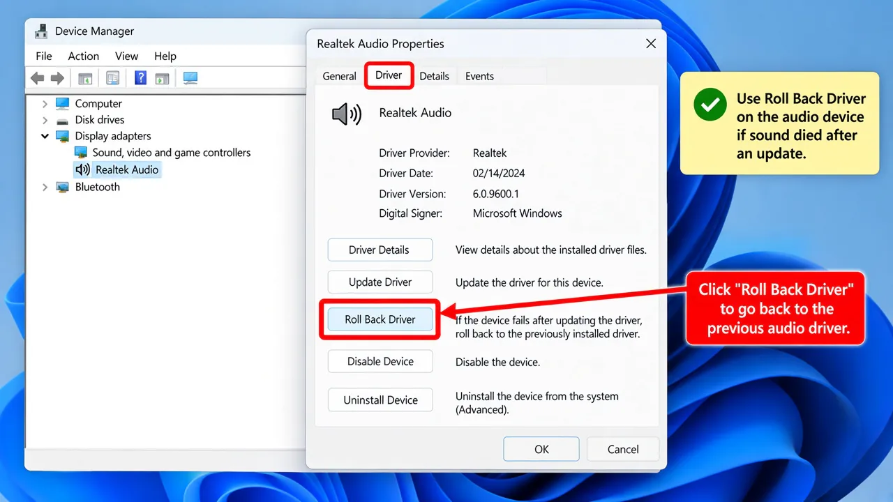 Device Manager Realtek Audio Properties with Roll Back Driver highlighted on the Driver tab