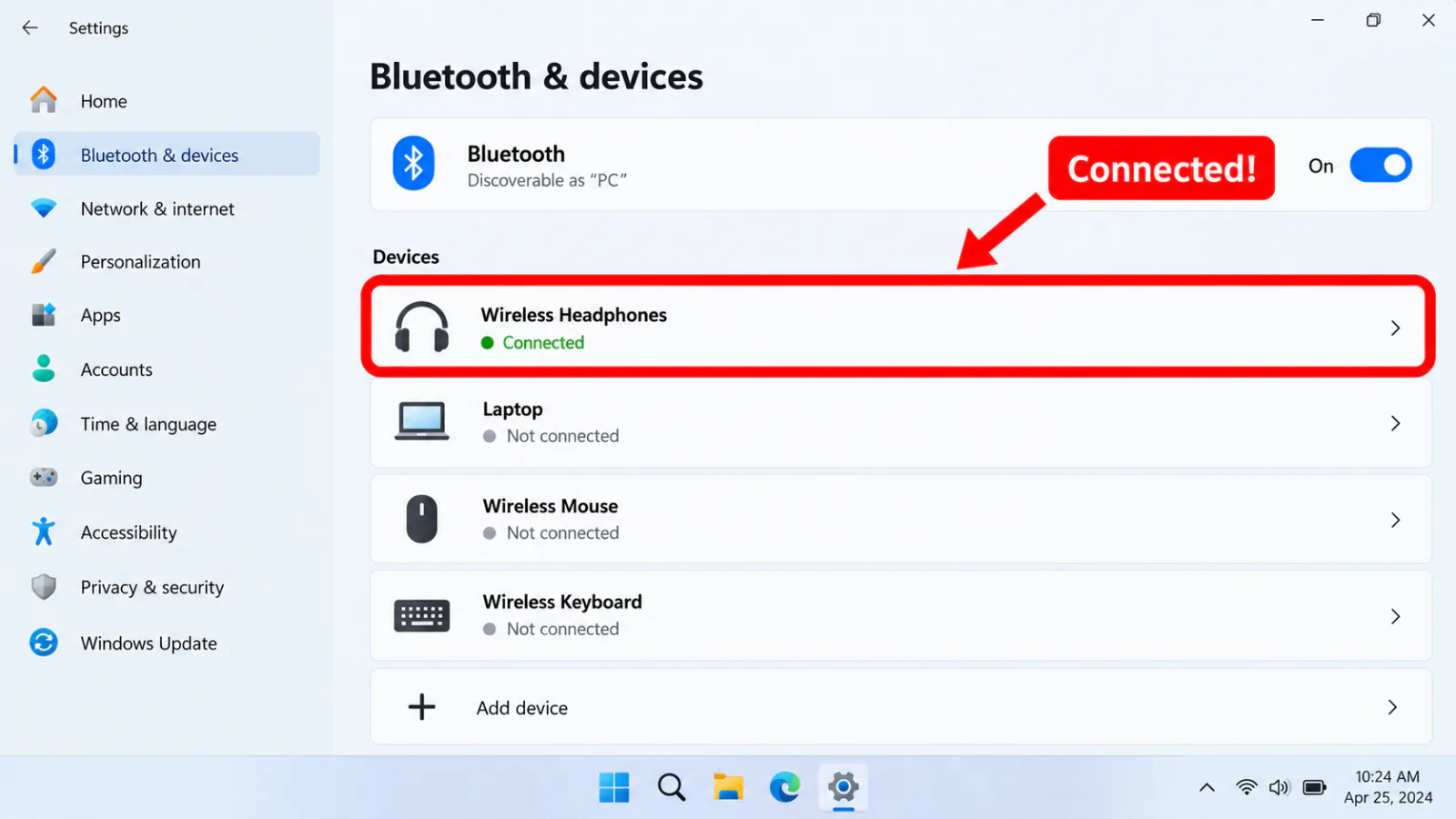 Windows 11 Bluetooth and devices list showing wireless headphones status Connected highlighted