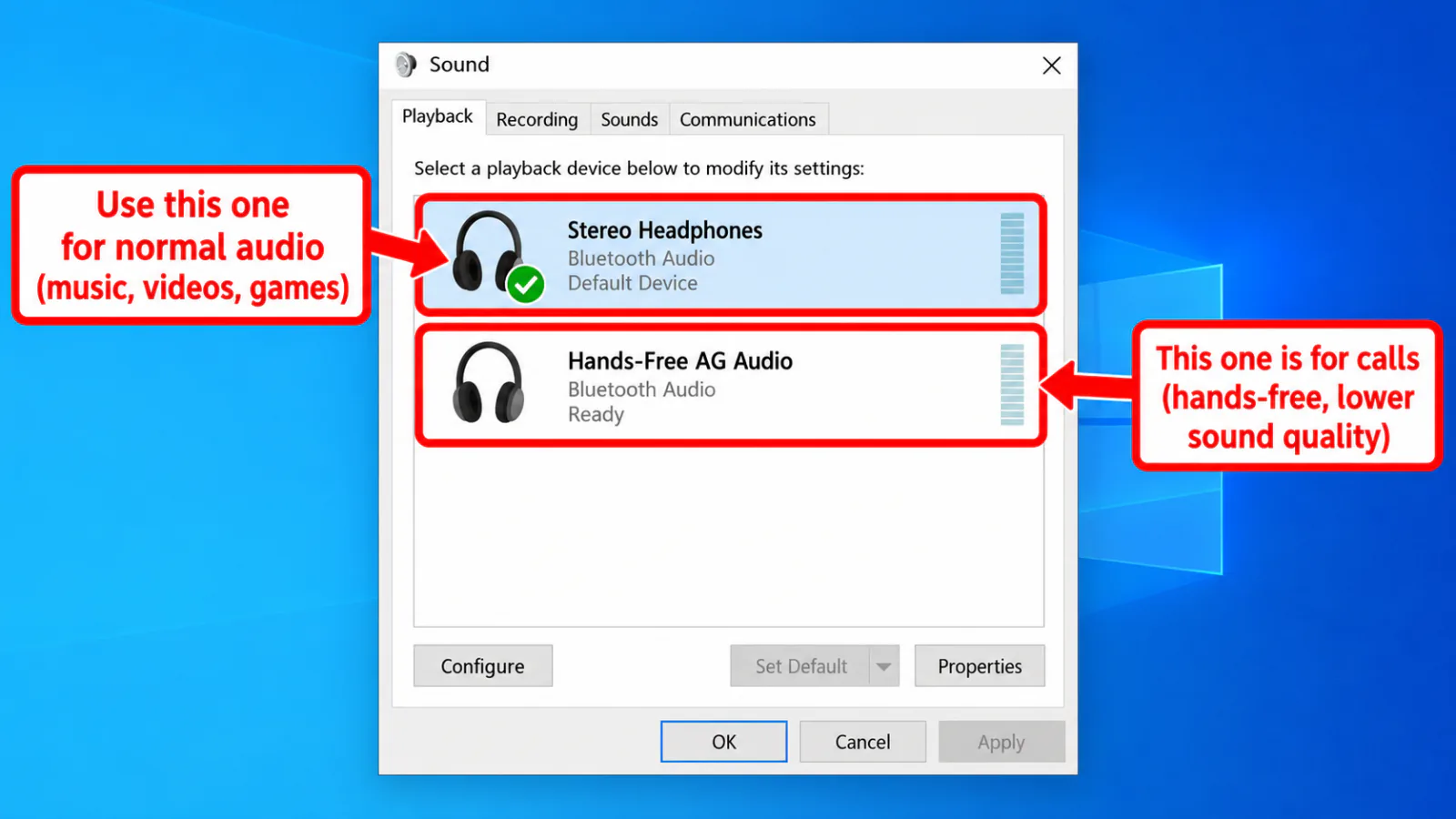 Sound Control Panel Playback tab listing Bluetooth Stereo headphones and Hands-Free AG Audio with Stereo set as default
