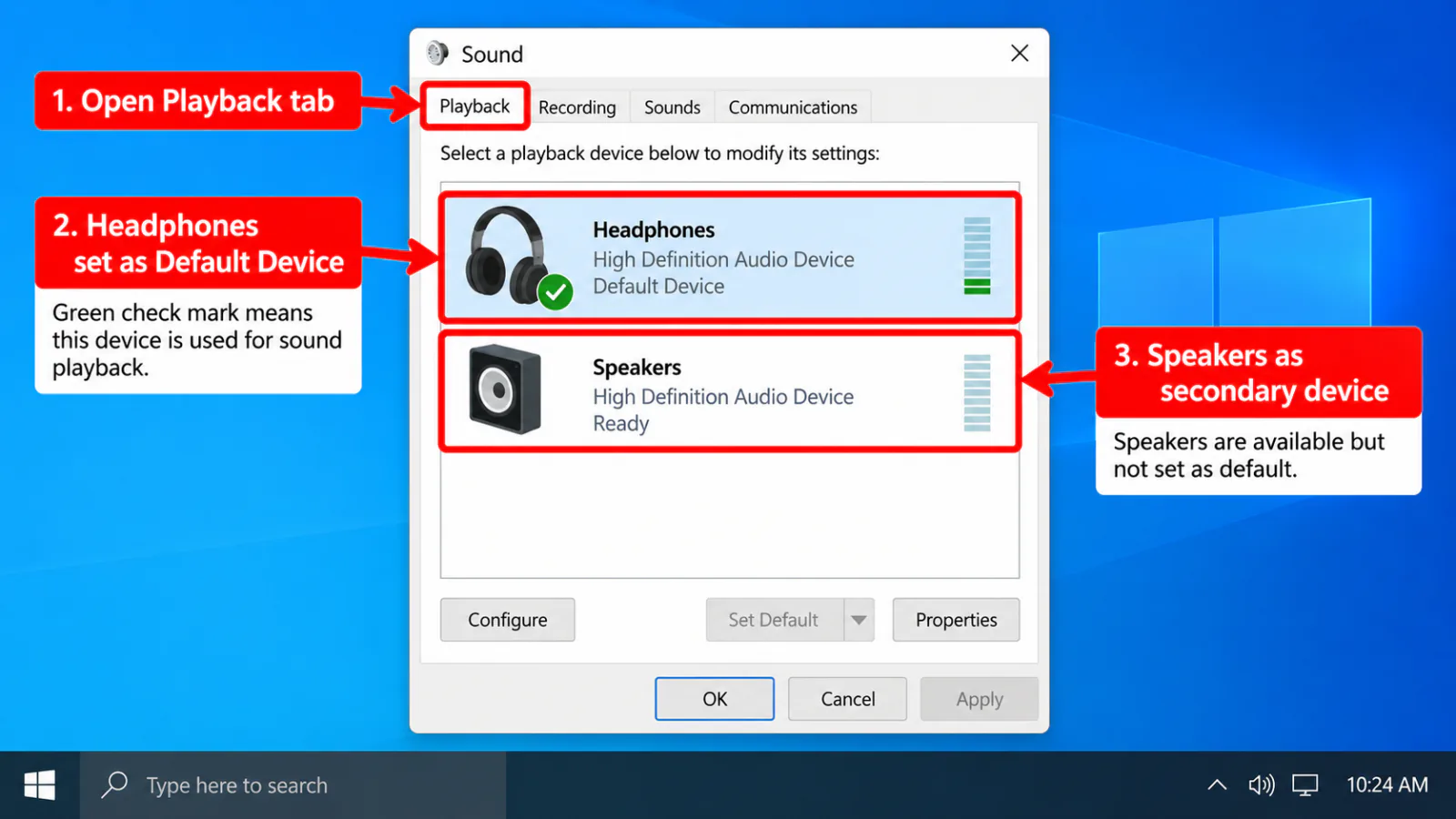 mmsys.cpl Playback tab with green check Default Device on Headphones entry