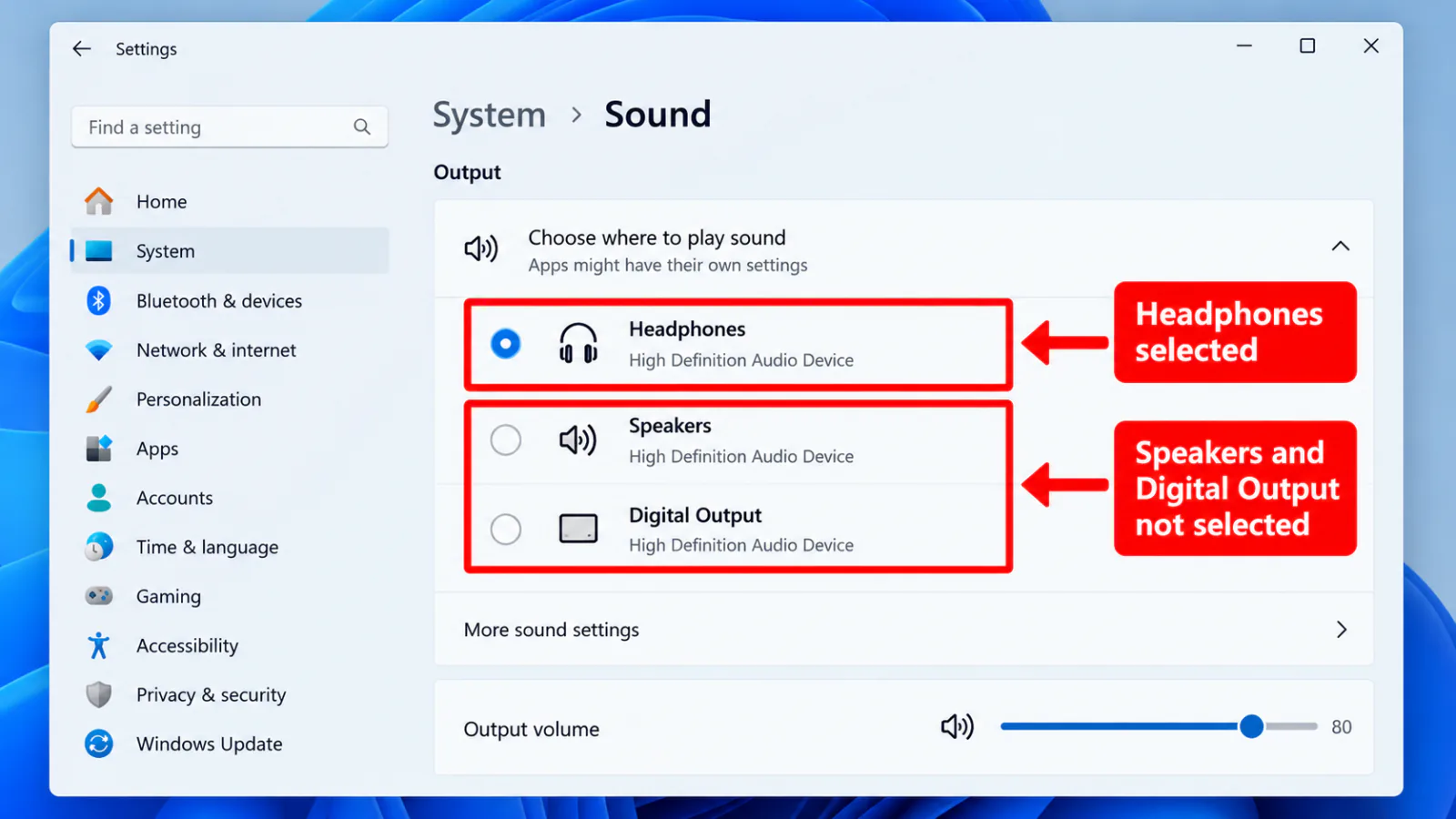 Windows 11 Sound Output dropdown with Headphones selected instead of Speakers or Digital Output
