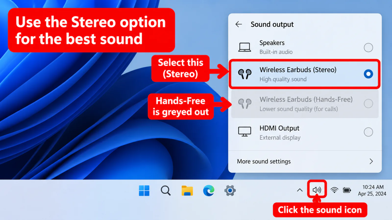 Windows Sound output menu listing wireless earbuds stereo headphones option selected instead of Hands-Free