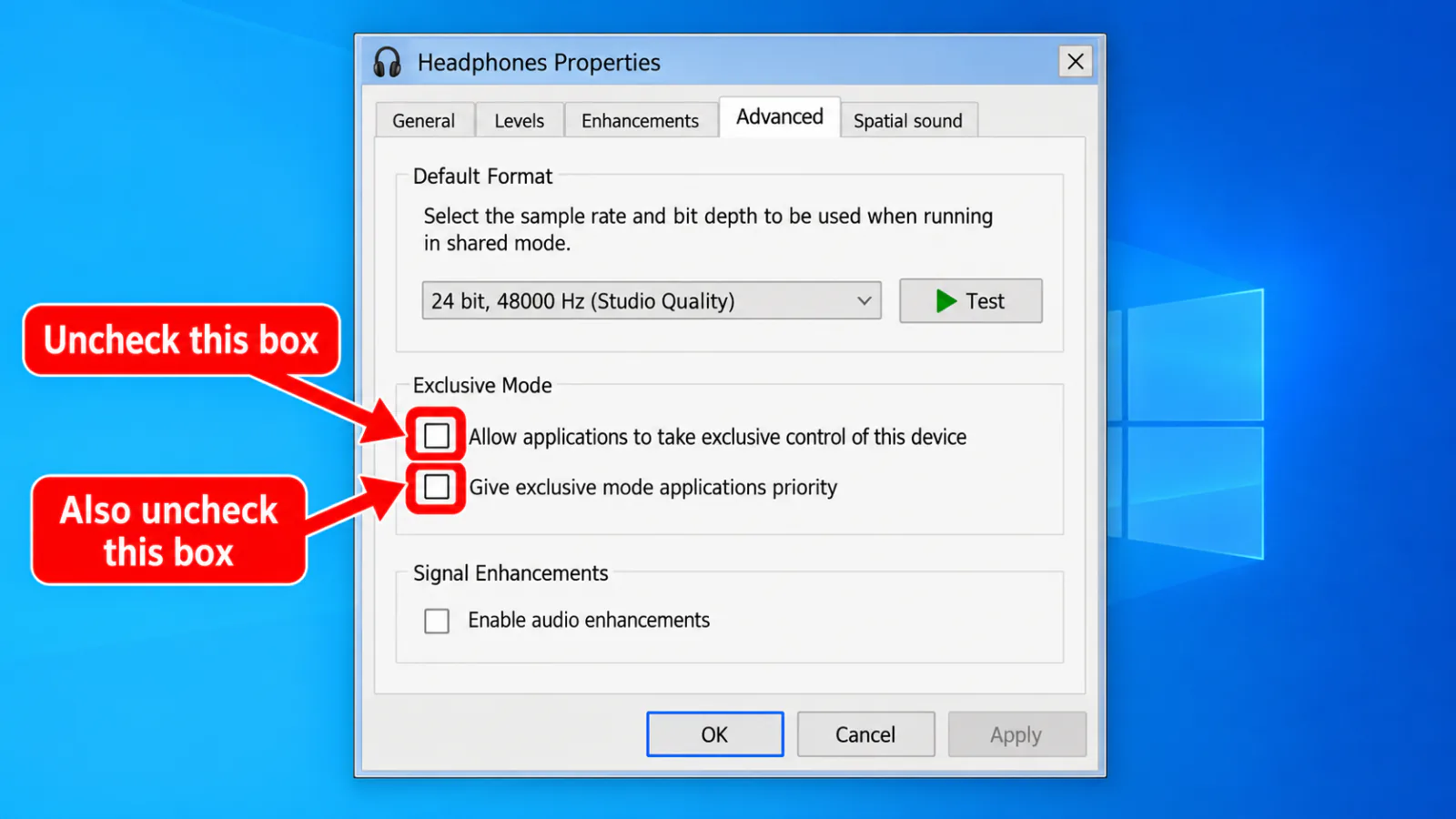 Headphones Properties Advanced tab with exclusive mode checkboxes cleared and highlighted