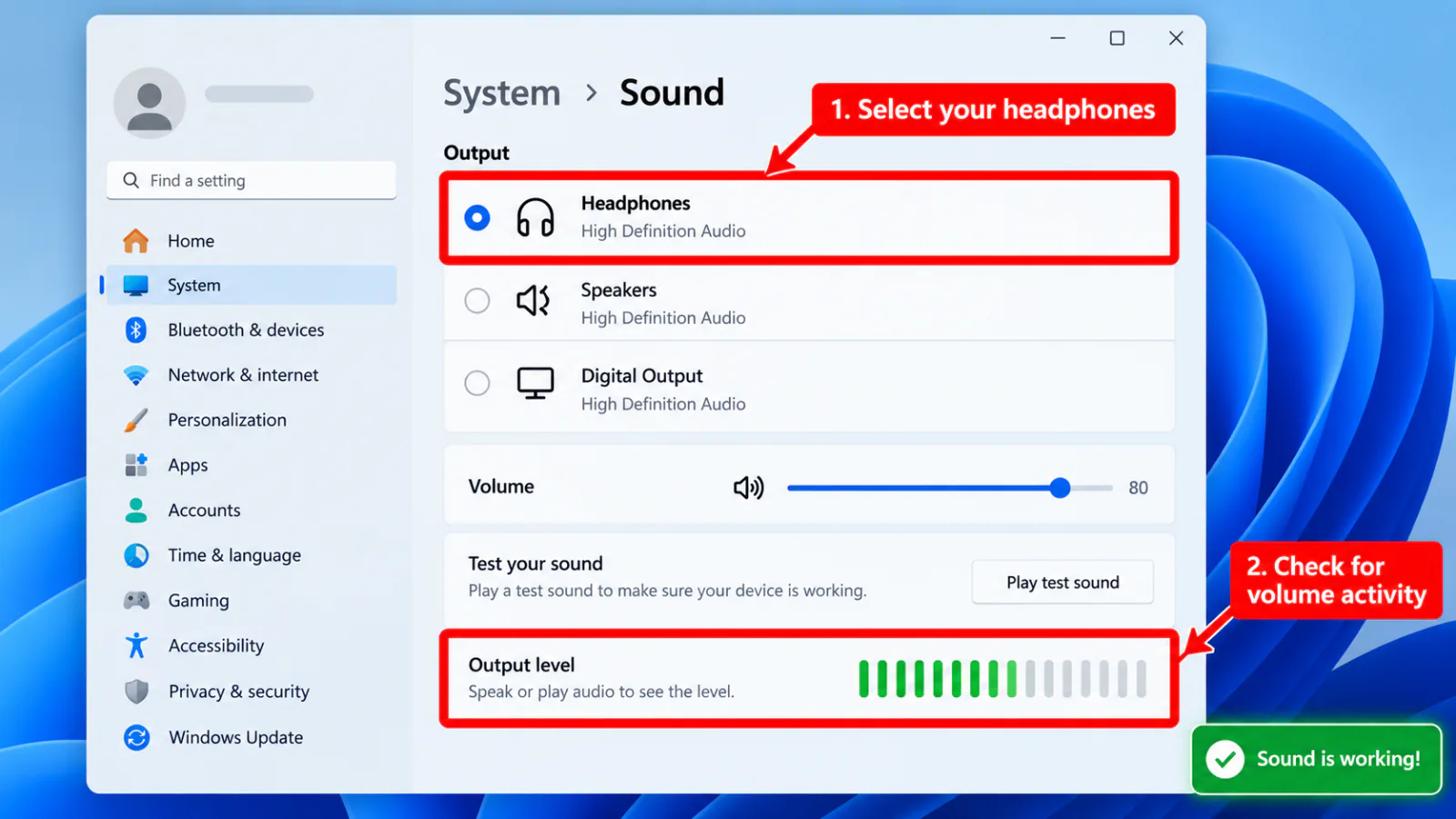 Windows 11 Settings System Sound page with Output headphones selected and volume level meter highlighted