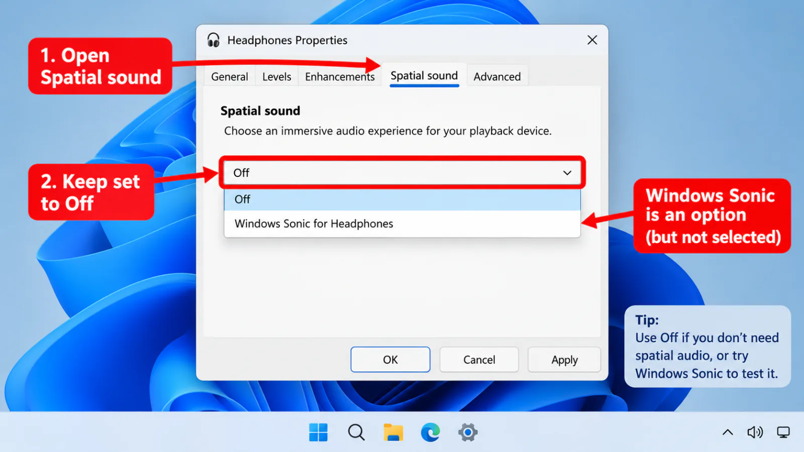 Windows 11 headphone properties Spatial sound dropdown set to Off instead of Windows Sonic
