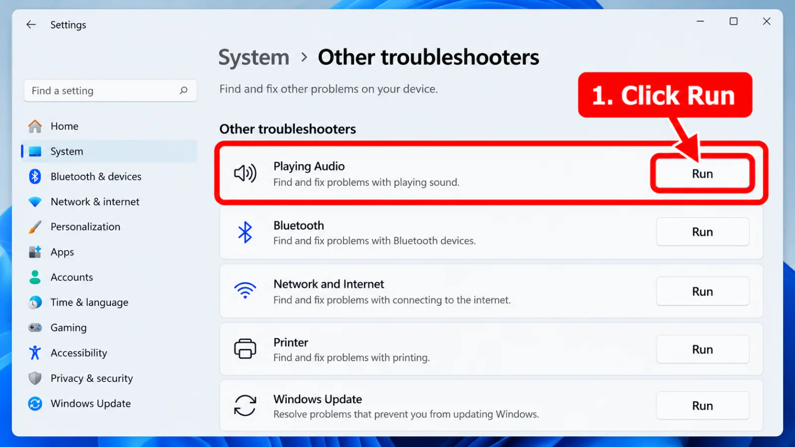 Windows 11 Other troubleshooters list with Playing Audio Run button highlighted
