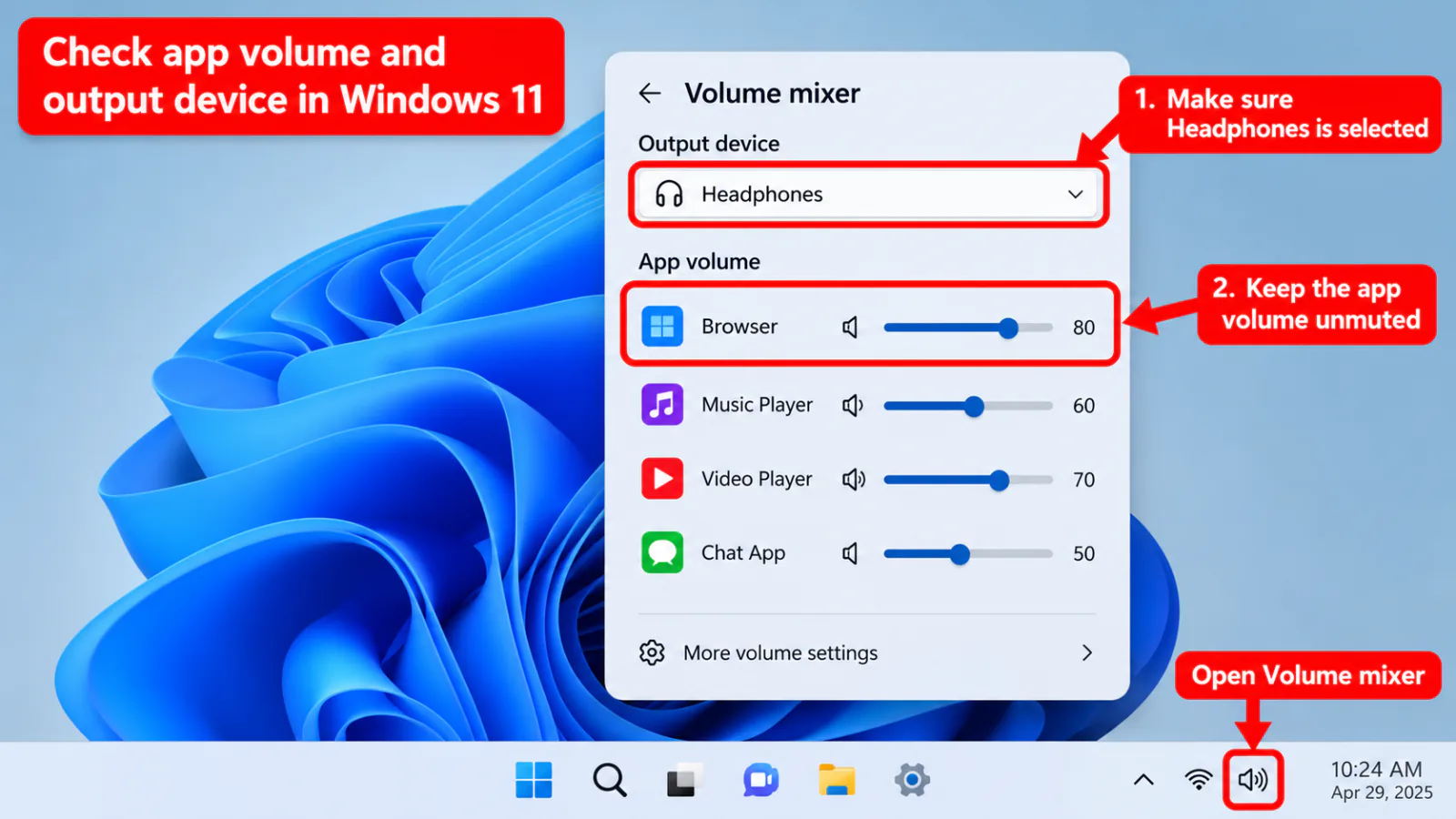 Windows 11 Volume mixer with an application slider unmuted and output device set to Headphones