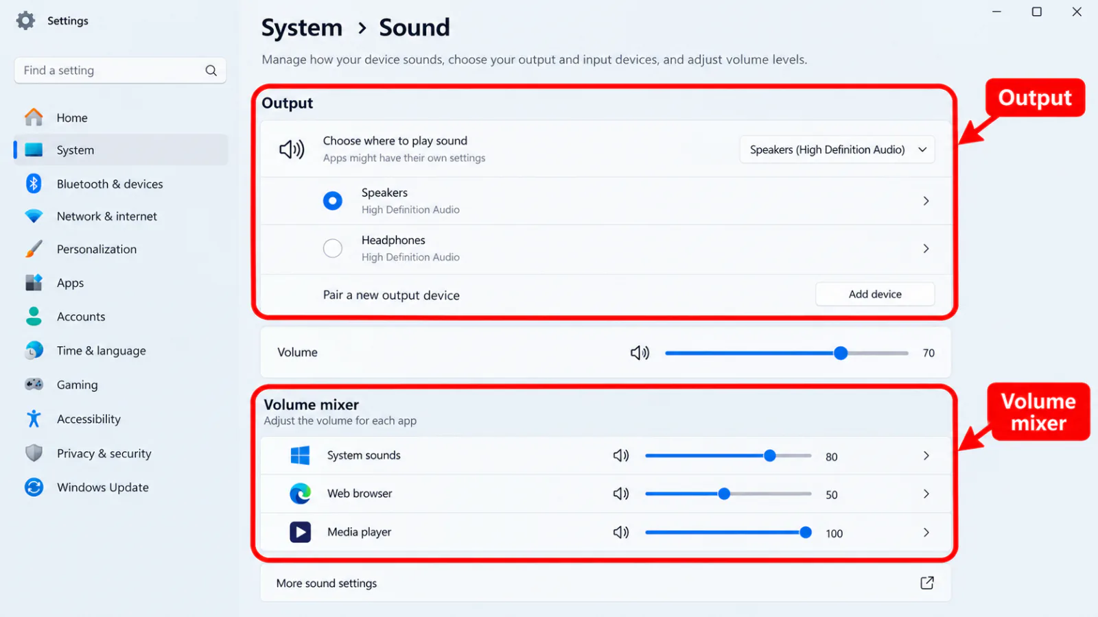 Windows 11 Settings System Sound page overview with Output and Volume mixer sections highlighted