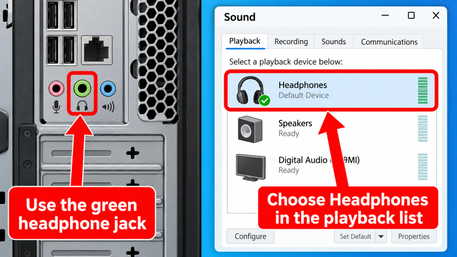 Desktop rear audio jacks diagram with green headphone line-out highlighted next to Windows Sound playback list